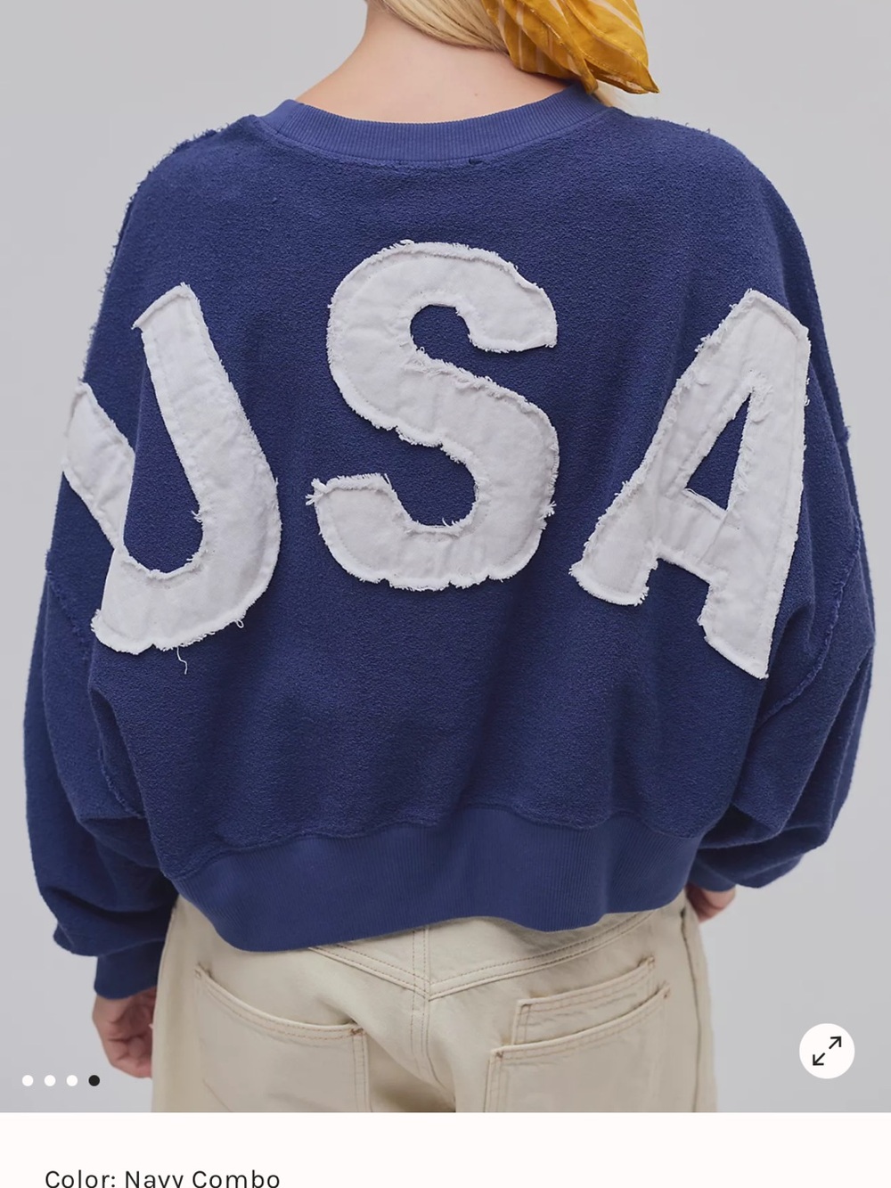 FREE PEOPLE X TRICIA FIX USA APPLIQUÉ CREWNECK IN A BRIGHT BOLD NAVY